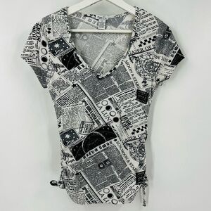 RUE 21 White Black Newspaper Print Ribbed Cinched Sides Size Medium